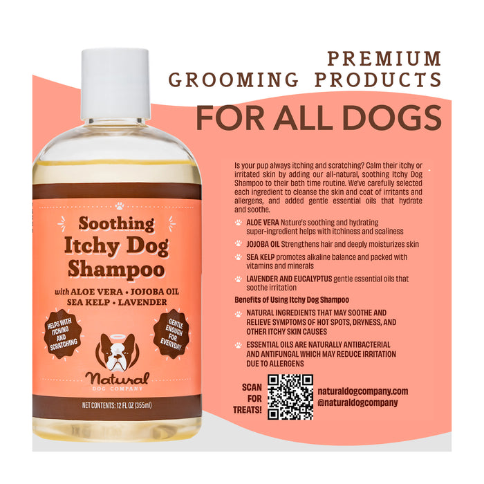A bottle of Natural Company Soothing Itchy Dog Shampoo with aloe vera, jojoba oil, sea kelp, and lavender. The label highlights benefits such as moisturizing and soothing properties. A QR code and contact info are also displayed.