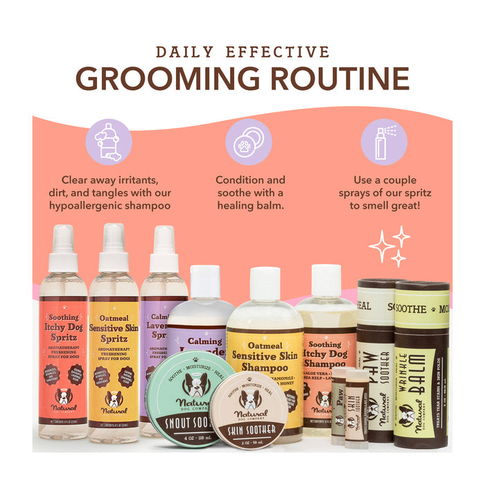 A collection of pet grooming products including shampoos, spritzes, and balms. Labels highlight features like hypoallergenic shampoo, soothing sprays, and skin conditioners. Background text emphasizes a daily effective grooming routine.