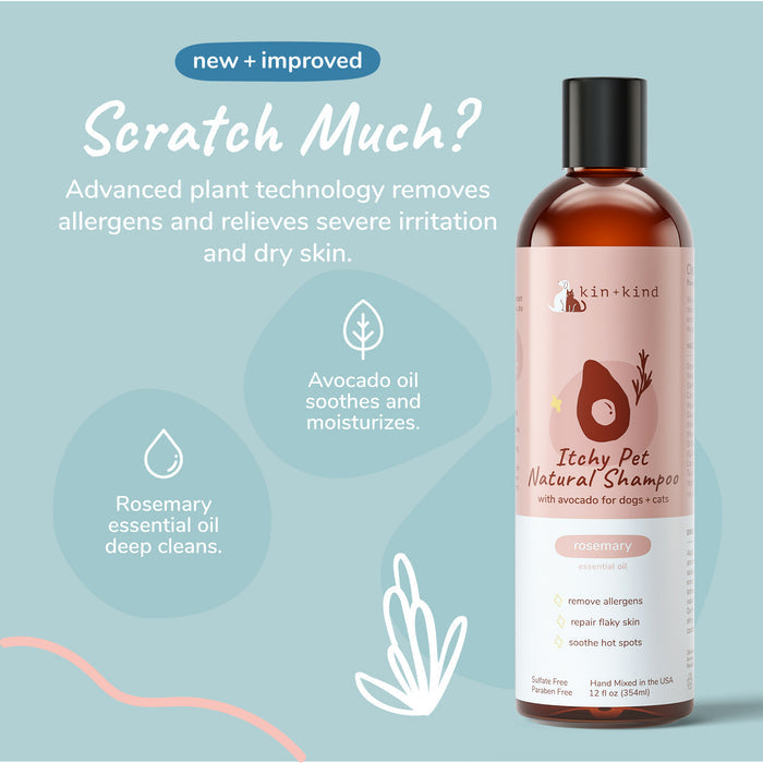A bottle of Itchy Pet Shampoo by kin+kind, suitable for dogs and cats, includes rosemary and avocado oils to remove allergens, soothe, and moisturize. The organic shampoo features a charming dog illustration on the label.