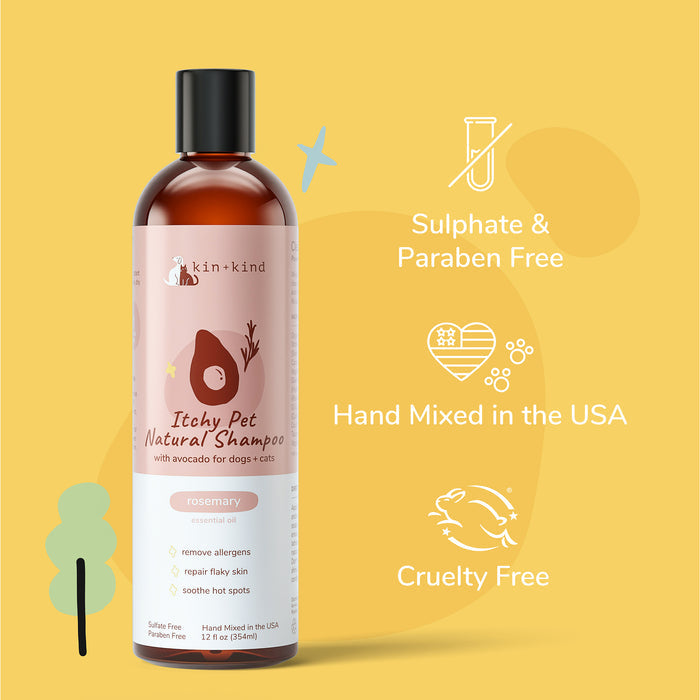 A bottle of kin+kinds Itchy Pet Shampoo, an organic, sulfate and paraben-free dog shampoo with a brown lid and label featuring a dog and avocado. Its hand-mixed in the USA and cruelty-free.