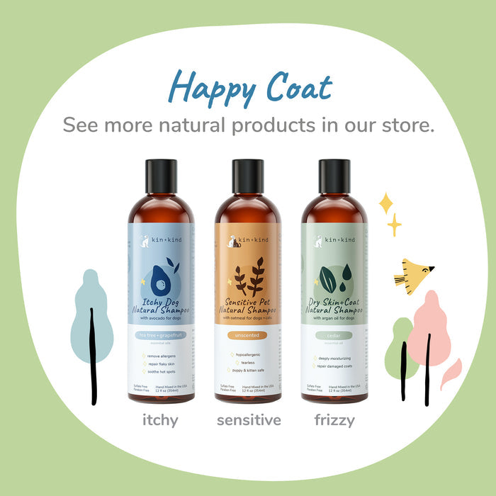 A trio of kin+kind organic dog shampoos—Itchy Pet, Sensitive Pet, and Dry Skin Coat—features a white background with light green and beige abstract shapes and tree illustrations. Text: Happy Coat. Explore more natural products in our store.