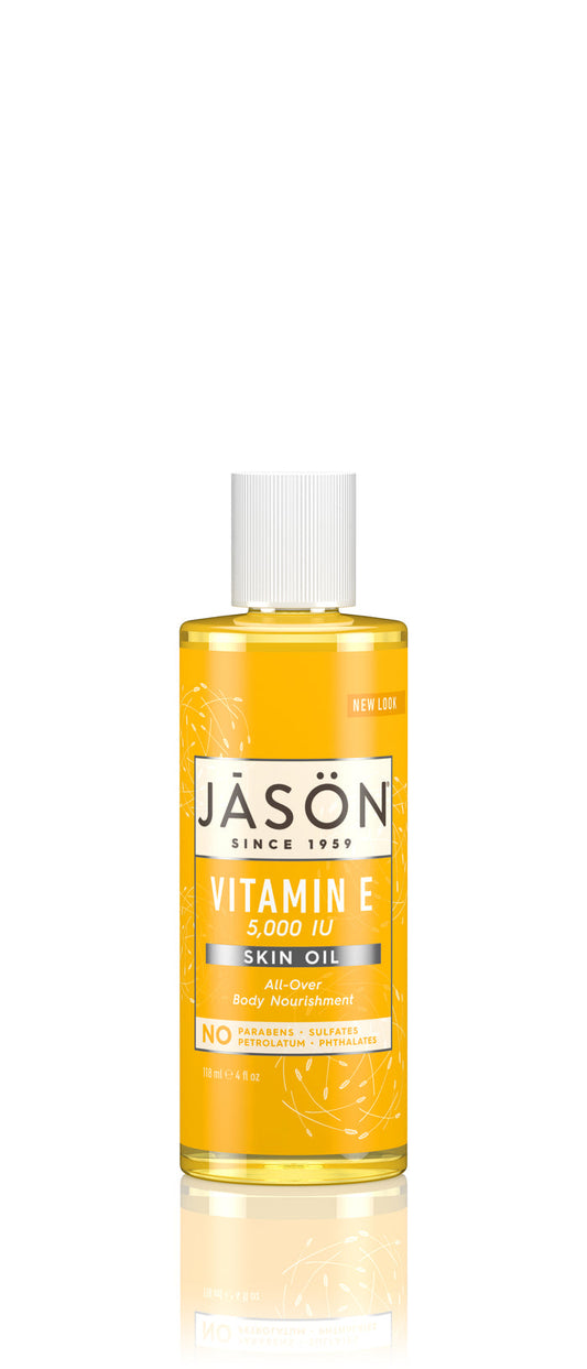 A 118 ml bottle of Jason Vitamin E Skin Oil, 5,000 IU provides all-over body nourishment with natural oils. Its free from parabens, SLS, and petrolatum and comes in a yellow-tinted bottle with a white cap. Perfect for dry skin care.