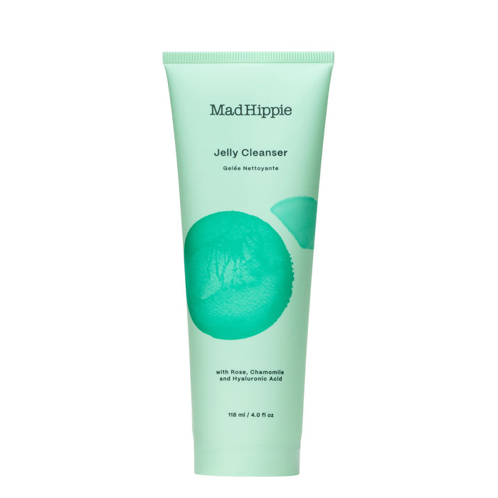A 4.0 fl oz (118 ml) Mad Hippie Jelly Cleanser in a light green tube with a teal circle features rose, chamomile, and hyaluronic acid for an antioxidant-rich, hydrating cleanse that also removes makeup.