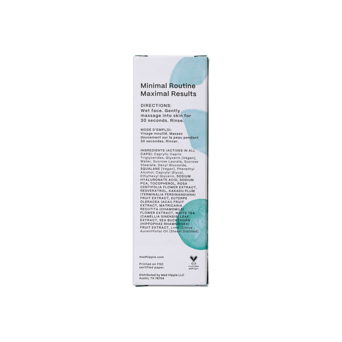 The side view of the Mad Hippie product box for Jelly Cleanser features directions, ingredients, and contact info. Phrases like Minimal Routine, Maximal Results and Wet face. Gently massage. appear on this white box with a turquoise design containing a hydrating cleanser with an antioxidant boost.
