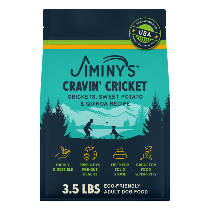 Jiminy's Cravin' Cricket Dry Dog Food, for sensitive stomachs and improved gut health, features cricket protein with sweet potato and quinoa, comes in a 3.5 lb teal and dark blue bag, and is eco-friendly.