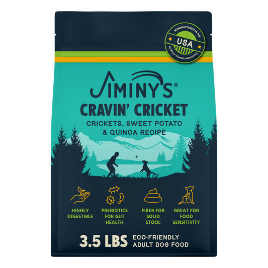 Jiminy's Cravin' Cricket Dry Dog Food, for sensitive stomachs and improved gut health, features cricket protein with sweet potato and quinoa, comes in a 3.5 lb teal and dark blue bag, and is eco-friendly.