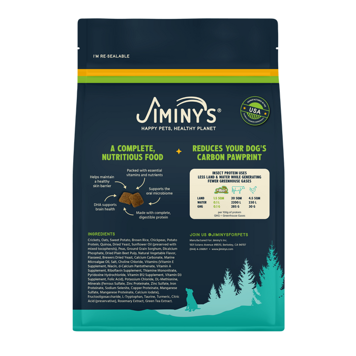 Jiminy's Cravin' Cricket Dry Dog Food features eco-friendly messaging, cricket protein for gut health and sensitive stomachs, a detailed ingredient list, green forest design, and emphasizes reducing your dog's carbon pawprint with nutritious, complete food.