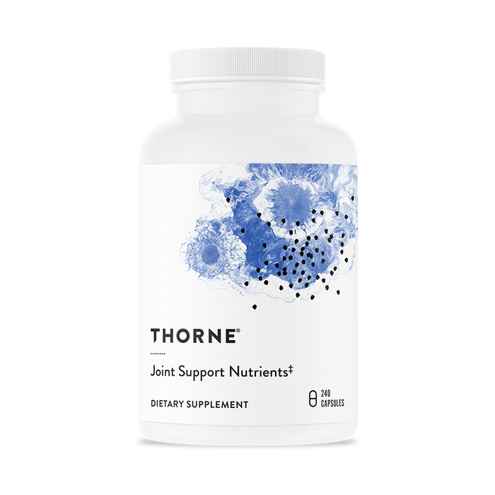 A Thorne Joint Support Nutrients bottle with 240 white capsules features blue floral artwork and black dots, indicating its function as a glucosamine and MSM-enriched dietary supplement for joint support.