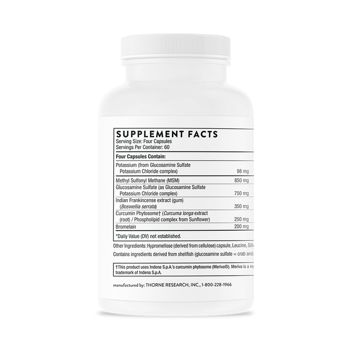 A white bottle labeled with supplement facts lists ingredients like potassium, glucosamine, and curcumin phytosome from Thornes Joint Support Nutrients. The serving size is four capsules per container.