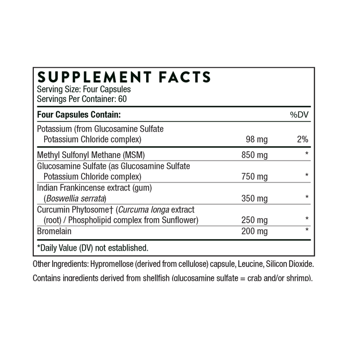 Supplement facts label for dietary capsules. Lists potassium, MSM, glucosamine sulfate complex, Indian frankincense, curcumin phytosome, and bromelain. Serving size: four capsules. Note: Contains ingredients from shellfish.