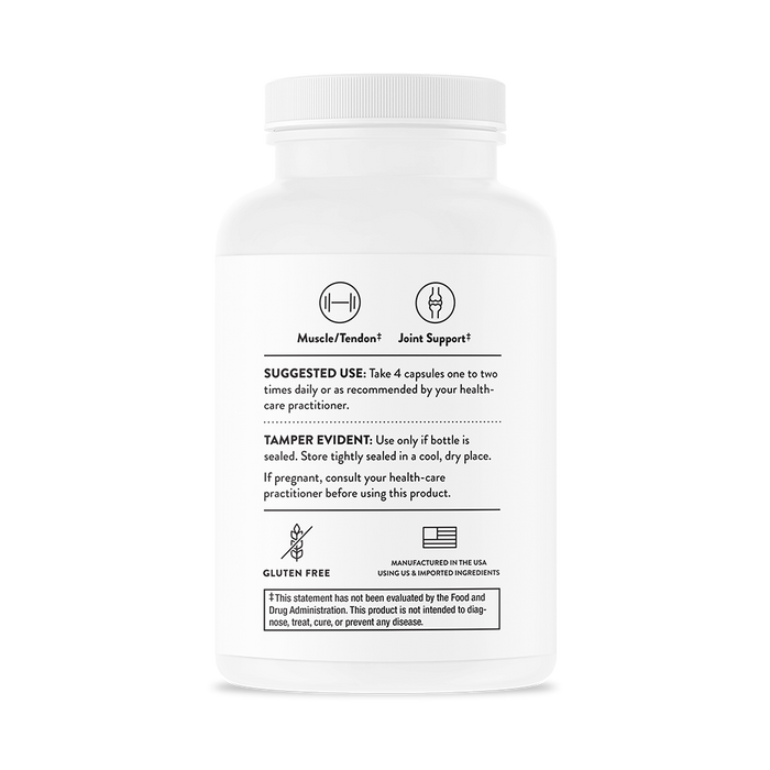A white supplement bottle labeled Joint Support Nutrients by Thorne, featuring glucosamine for enhanced joint health. Suggested use: 4 capsules once or twice daily. Tamper evident with storage instructions. Gluten-free, made in the USA. Includes FDA disclaimer on efficacy and safety.