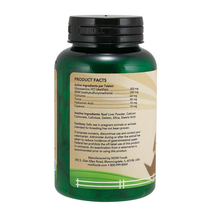 The Joint Support Supplement for Dogs & Cats by Now comes in a green bottle with a product facts label. It contains active ingredients like Glucosamine, MSM, Boswellia, Yucca, Hyaluronic Acid, and Cayenne, plus inactive Beet Liver Powder.