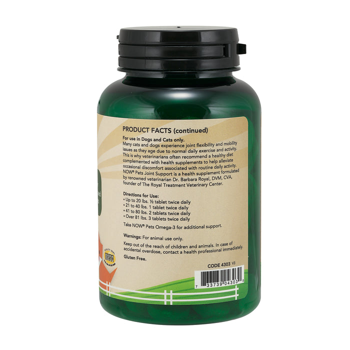 The Now Joint Support Supplement for Dogs & Cats comes in a green bottle, detailing product info and usage. It features Omega 3 and glucosamine for pet support, offers weight-based dosage instructions, and recommends consulting a professional.