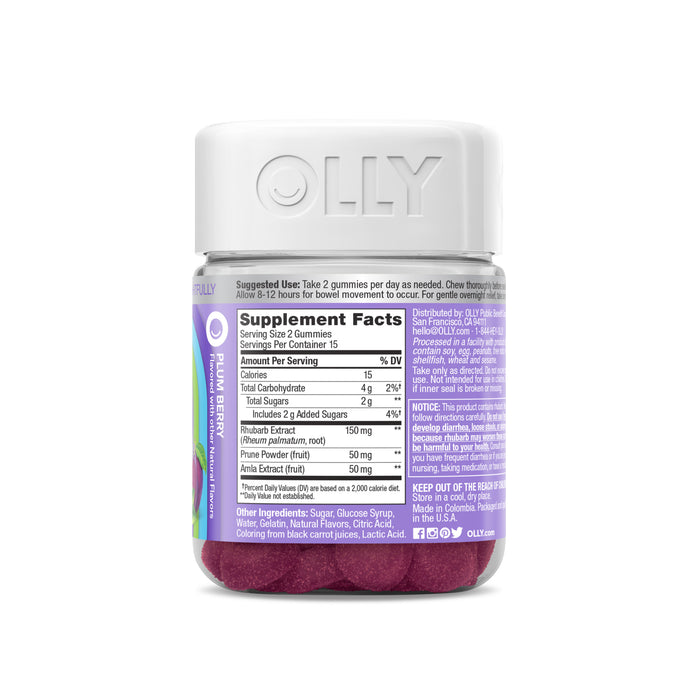 A clear bottle with a white lid contains purple gummy supplements named Keep It Movin by OLLY. The label displays supplement facts and ingredients, featuring bowel-moving blends like inulin, prune powder, and probiotics for gentle digestive health support.