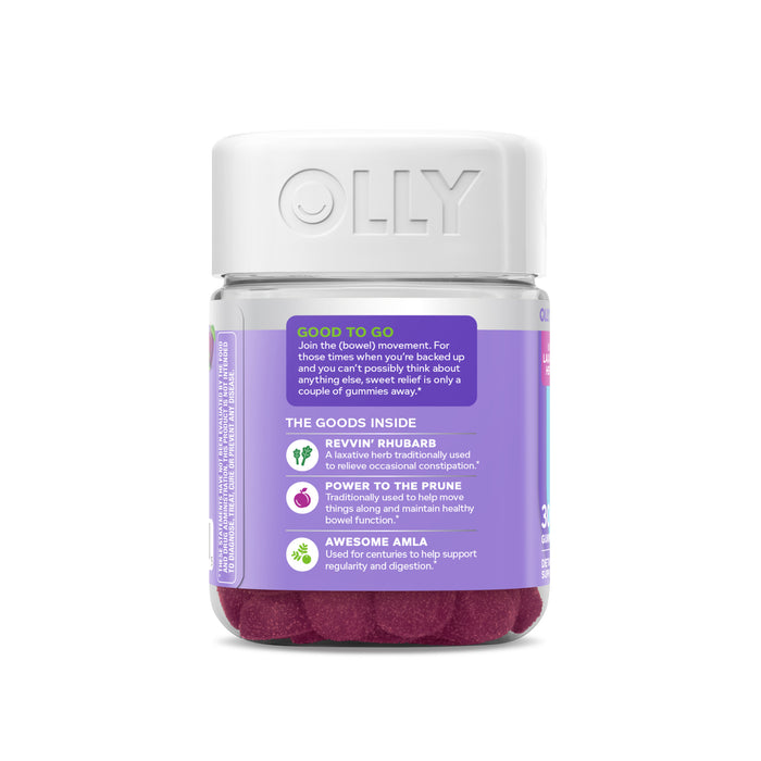 A bottle of OLLY Keep It Movin gummies features a digestive health blend with Revivin Rhubarb and Power to the Prune for constipation relief. The clear bottle with a white cap contains red gummies designed to support effective bowel movement.