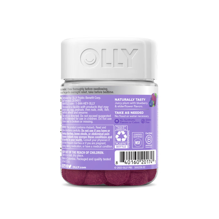 The OLLY Keep It Movin gummy vitamins come in a white-capped container with a purple label. Featuring a juicy plum and elderflower flavor, they support digestive health with a gentle bowel-moving blend. The product includes certifications and warns to keep out of childrens reach.
