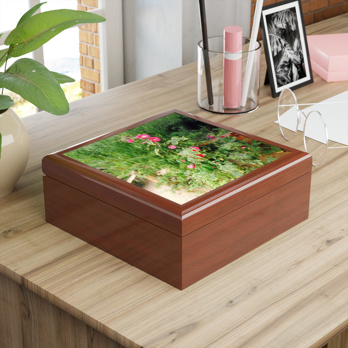 Keepsake/Jewelry Box - Hollyhock Florals - Wood Lacquer Box  golden oak