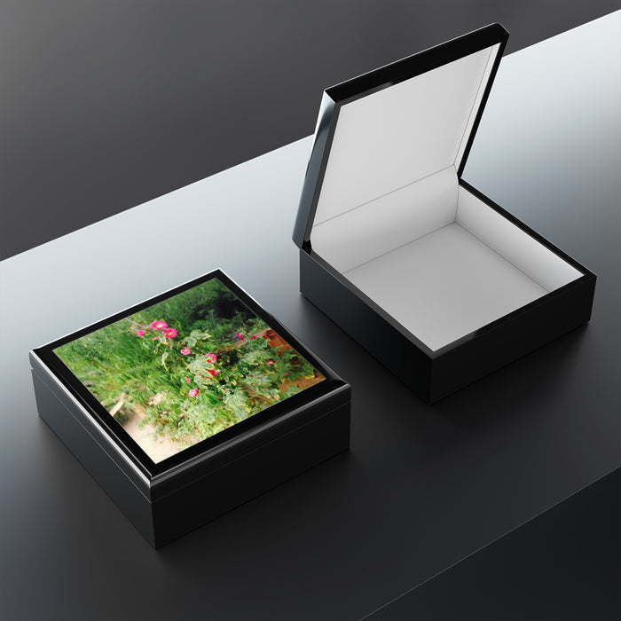 Keepsake/Jewelry Box - Hollyhock Florals - Wood Lacquer Box  lid open