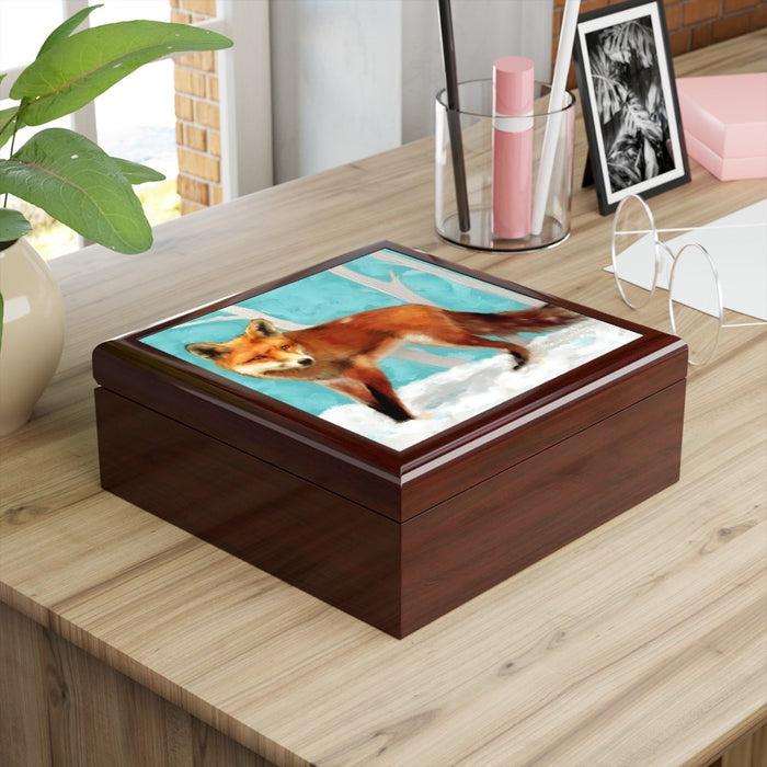 Keepsake/Jewelry Box - Red Fox - Wood Lacquer Box  mahogany