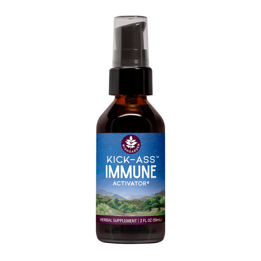 WishGarden Herbs Kick-Ass Immune, a 2 fl oz (59 mL) brown bottle with black pump, features a nature scene and starry sky. This herbal supplement offers immune support with powerful respiratory herbs for overall wellness.