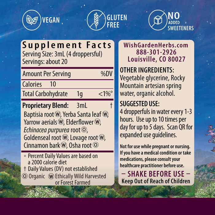 Kick-Ass Immune by WishGarden Herbs supplement facts label: features respiratory herbs for immune support, icons for vegan, gluten free, no added sweeteners; includes ingredients, directions, warnings, contact info, and a nature-themed background.