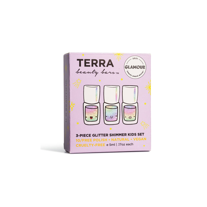 The Kids 3-Piece Glitter Shimmer Nail Collection by Terra Beauty Bars includes three vegan, cruelty-free nail polishes in lavender packaging. The set is 10-free with glitter designs, and each bottle holds 5ml.