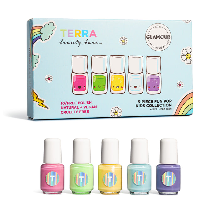 The Kids 5-Piece Fun Pop Nail Collection by Terra Beauty Bars features five colorful pastel nail polishes in a fun illustrated box with cartoon faces and rainbows. Cruelty-free, vegan, and 10-free, its perfect for playful individuals.