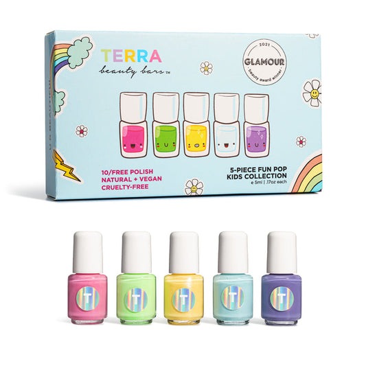 The Kids 5-Piece Fun Pop Nail Collection by Terra Beauty Bars features five colorful pastel nail polishes in a fun illustrated box with cartoon faces and rainbows. Cruelty-free, vegan, and 10-free, its perfect for playful individuals.