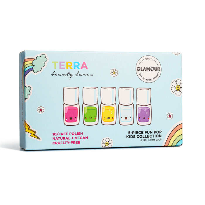 A pastel blue box displays Terra Beauty Bars Kids 5-Piece Fun Pop Nail Collection. Each 10-free bottle has a smiley face, while the packaging highlights its natural, vegan, and cruelty-free nature with colorful rainbows and stars.