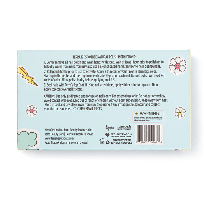 Explore the Terra Beauty Bars Kids 5-Piece Fun Pop Nail Collection, featuring joyful icons like a rainy cloud and a smiling flower. This vegan, cruelty-free set ensures your childs creative safety with its non-toxic ingredients.