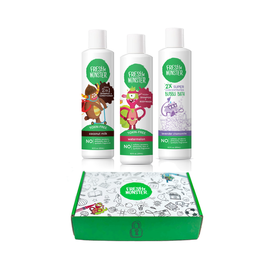 The Kids & Baby Gift Set by Fresh Monster includes three toiletry bottles: coconut milk shampoo/body wash, watermelon shampoo/body wash, and super bubble bath. Packaged in a vibrant green and white box with playful cartoon designs, its perfect as a fun bath set for kids.