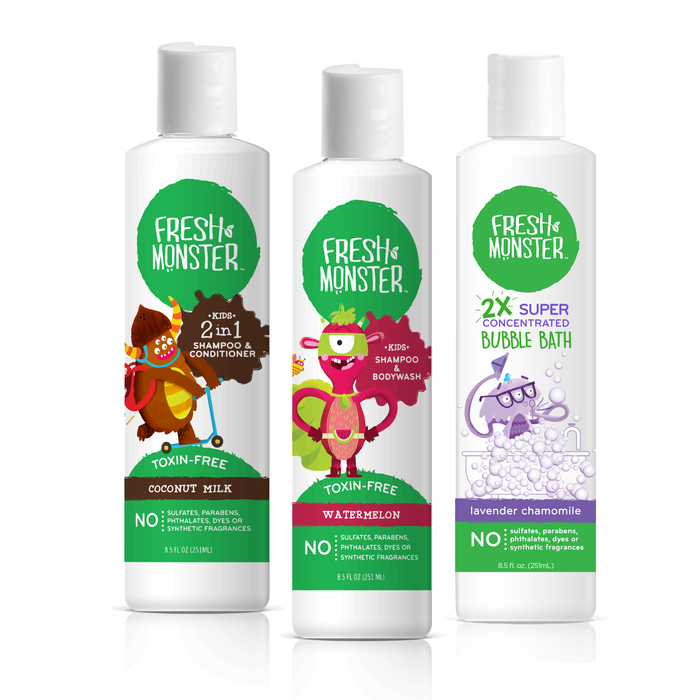 Three white bottles from Fresh Monsters Kids & Baby Gift Set feature playful monster illustrations, including a coconut milk shampoo and conditioner, a watermelon shampoo and body wash, and a lavender chamomile bubble bath—creating the perfect kids bath set!.