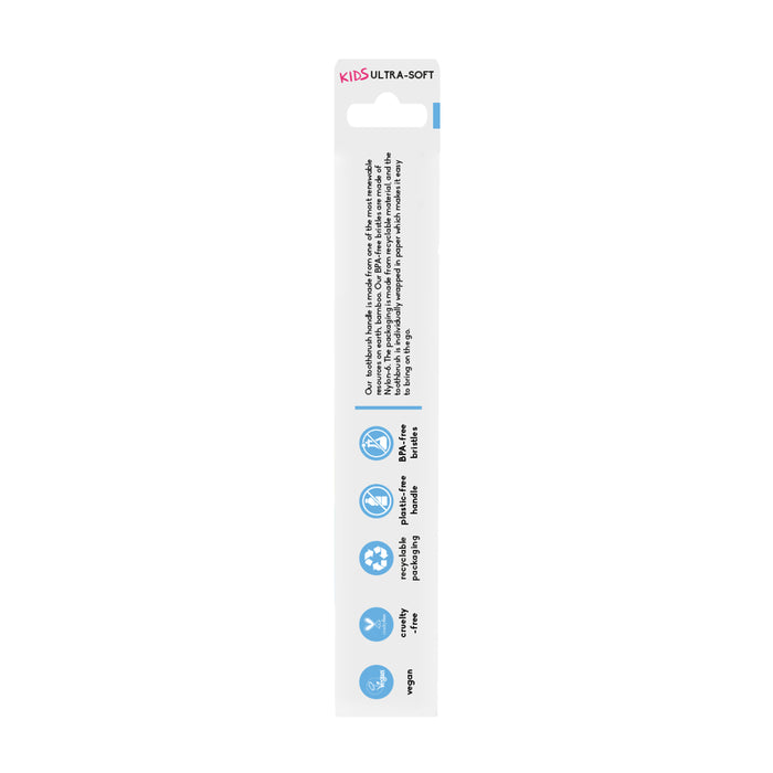 The image shows the back of The Humble Co.s Kids Bamboo Toothbrush - Ultra Soft package, highlighting nylon bristles for gentle cleaning and eco-friendly bamboo materials. The package features a white background with colorful accents to attract attention.