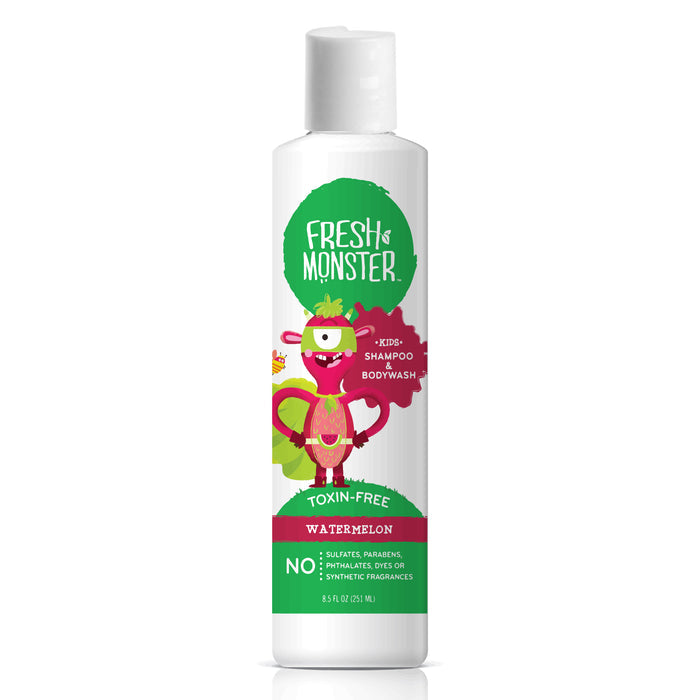 A dermatologist-tested, hypoallergenic Kids Body Wash & Shampoo 2in1 by Fresh Monster comes in a white bottle with a pink monster wearing a green headband and has a watermelon scent. Its toxin-free, containing no sulfates, parabens, phthalates, dyes, or synthetic fragrances.