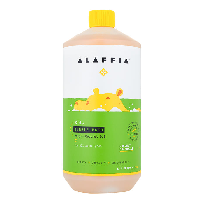 Alaffia Kids Bubble Bath, in a 32 fl oz bottle, features a playful yellow hippo on a green label and offers a soothing coconut chamomile scent. It contains fair-trade shea butter and is suitable for all skin types.