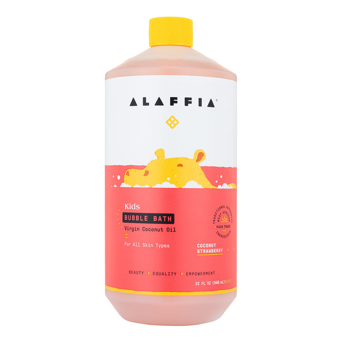 The Alaffia Kids Bubble Bath features a bright Virgin Coconut Oil label with a playful yellow hippo on a red background, emphasizing its sulfate-free Coconut Strawberry scent. Its suitable for all skin types and is topped with a vivid yellow cap.