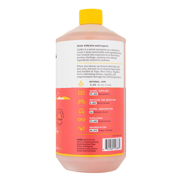 The Alaffia Kids Bubble Bath features a yellow cap and a label detailing the brands mission and community impact. This sulfate-free product, with a Coconut Strawberry scent, helps fund school supplies, eyeglasses, and bicycles for education.