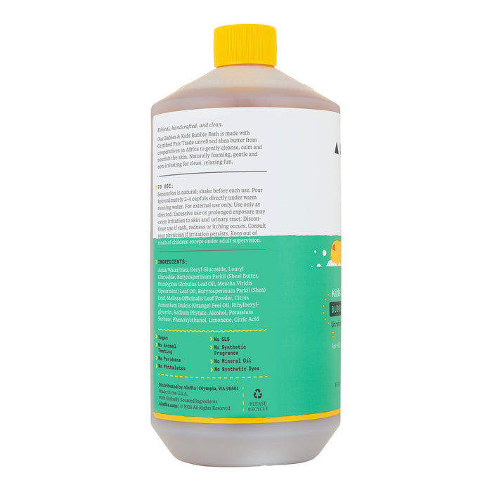 The Alaffia Kids Bubble Bath bottle, with its yellow cap and vibrant label, features product details on top and a playful green bubble design below. Enjoy joyful and safe bathtime with its nontoxic eucalyptus mint scent.