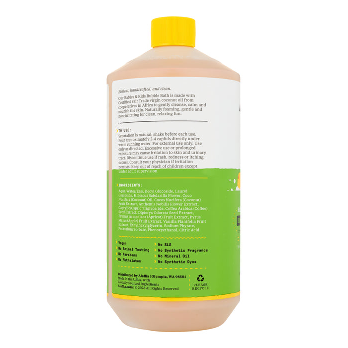 A bottle of Alaffia Kids Bubble Bath features a yellow cap and delightful coconut chamomile scent. The primarily yellow and green label highlights fair-trade shea butter. Crafted from recycled plastic, this cruelty-free, vegan product ensures a gentle yet fun bath experience.