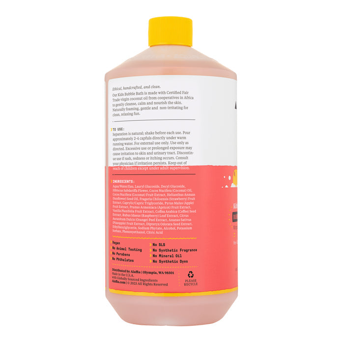 The Alaffia Kids Bubble Bath features a pink label with Coconut Strawberry highlights, is vegan, cruelty-free, sulfate-free, and made with fair trade ingredients. It comes with a yellow cap and is likely packaged in recyclable plastic.