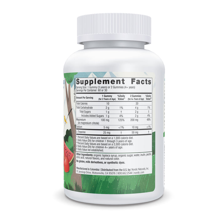 The bottle, capped in white, showcases Kids Calm Gummies by Nordic Naturals. Its label features cartoon illustrations with jungle-themed graphics including trees and watermelon. The back details supplement facts and ingredients, highlighting magnesium for relaxation.