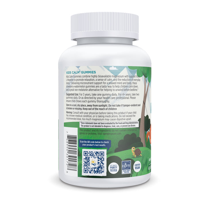 A white bottle of Nordic Naturals Kids Calm Gummies features a colorful jungle-themed label with cartoon animals, including a monkey and a bird. These magnesium-enriched gummies have usage instructions and a QR code on the back for additional details.