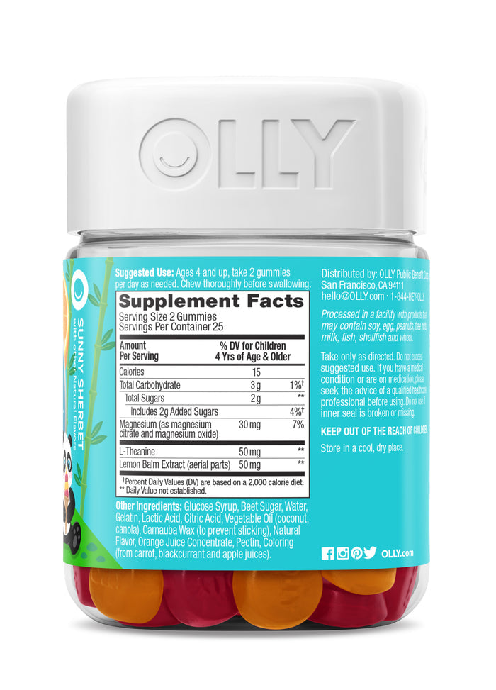 OLLY Kids Chillax comes in gluten-free blue packaging with a panda graphic. The Sunny Shield gummies display supplement facts, featuring ingredients like Lutein and Zeaxanthin, with colorful gummies inside.