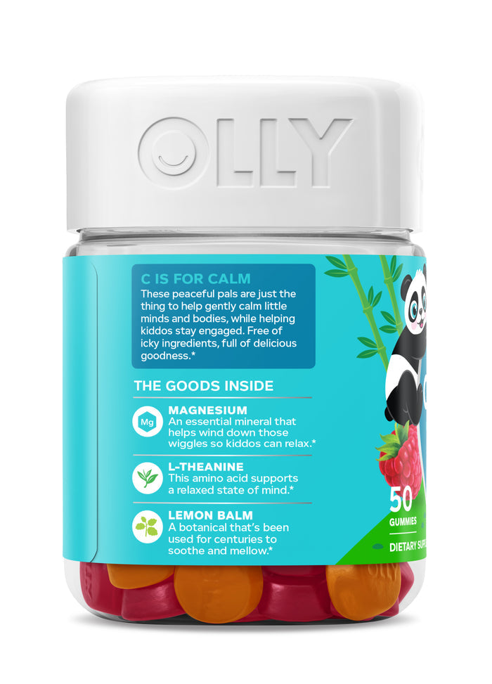 The OLLY Kids Chillax jar with a white lid contains 50 gluten-free, multicolored calming gummies. The teal label, featuring a panda, highlights soothing ingredients like magnesium and lemon balm for childrens calmness.