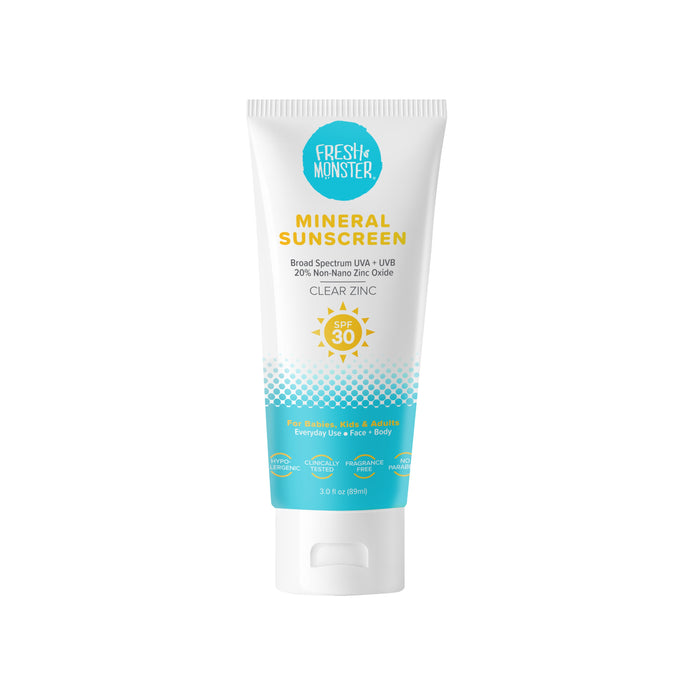 Fresh Monsters Kids Clear Zinc Daily Sunscreen Lotion SPF 30, in white and blue packaging, is perfect for babies, kids, and adults. It provides broad-spectrum UVA + UVB protection with 20% non-nano zinc oxide, ideal for safe sun adventures.