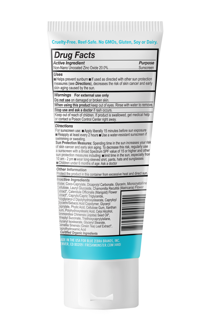 The Fresh Monster Kids Clear Zinc Daily Sunscreen Lotion - SPF 30 tube features drug facts, usage instructions, and active ingredients on the back. It’s labeled as cruelty-free and reef-safe with a gentle GMO-free zinc oxide formula ideal for sensitive skin.