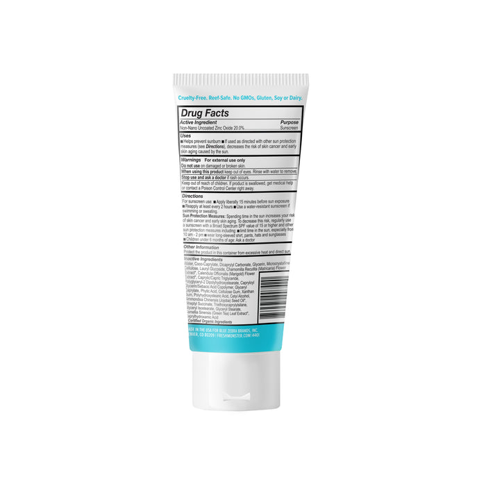 The image shows the rear of Fresh Monsters Kids Clear Zinc Daily Sunscreen Lotion (SPF 30), a white tube with a teal accent. It highlights Drug Facts, contains Zinc Oxide, and provides usage directions. Ideal for children, its cruelty-free and free from GMOs, gluten, soy, and dairy.