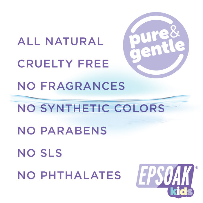 Text-based image lists: All natural, cruelty free, no fragrances, no synthetic colors, parabens, SLS or phthalates. Features Pure & Gentle and Epsoak Kids logos—perfect San Francisco Salt Co Kids Epsom Salts Soak & Sleep Bath for kids. White background.