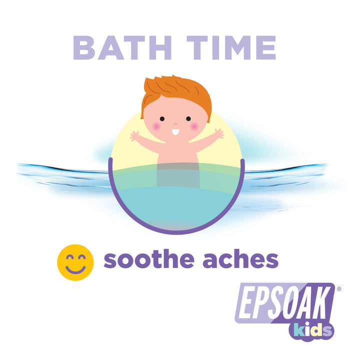 Illustration of a smiling red-haired child in a bath, with “BATH TIME” above and “soothe aches,” a smiley face, and the San Francisco Salt Co logo below—featuring our gentle Kids Epsom Salts - Soak & Sleep Bath Salts.
