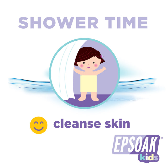 Illustration of a smiling child behind a shower curtain, with "Shower Time" above and "cleanse skin" below, featuring the San Francisco Salt Co logo and highlighting our Kids Epsom Salts - Soak & Sleep Bath Salts in the bottom right corner.